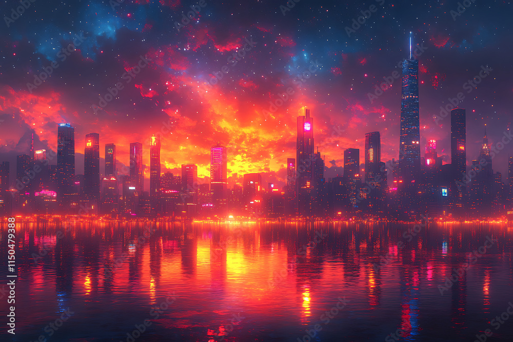 A vibrant city skyline at sunset reflected on water, showcasing a blend of colors and lights. A vibrant city skyline at sunset reflected on water, showcasing a blend of colors and lights.
