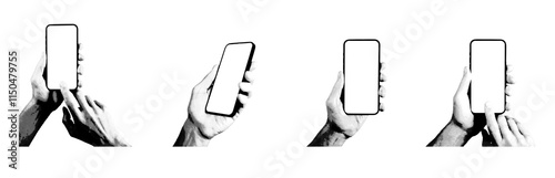 Hand holding a smartphone with a blank screen. Retro, vintage grayscale design with halftone texture. Vector illustration isolated on white background.