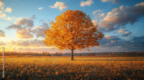 Vibrant autumn tree in a golden field at sunset.