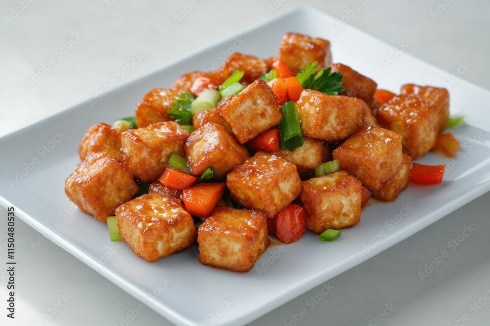 Deliciously crispy tofu cubes garnished with fresh vegetables on a white plate