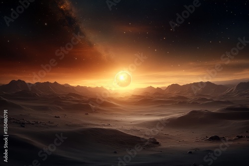 Vast alien landscape illuminated by a vibrant sunset over distant mountains in a cosmic twilight setting