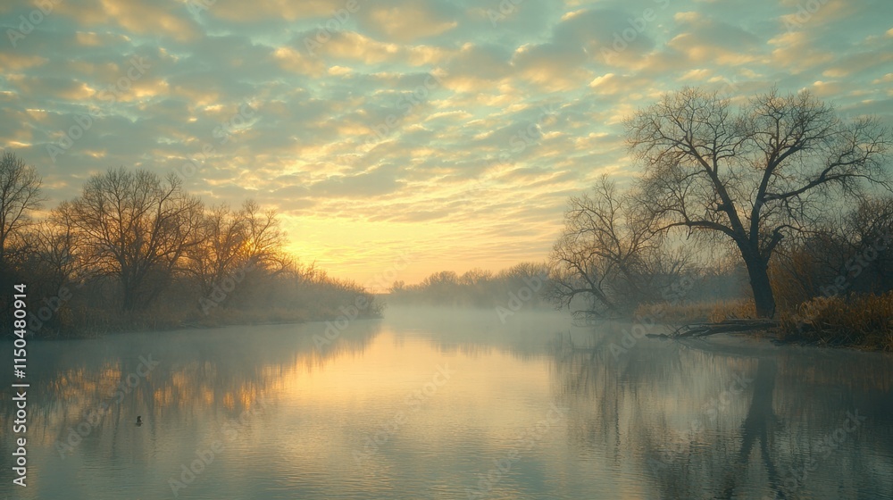 Serene Morning Reflections in Misty River at Dawn Serene Morning Reflections in Misty River at Dawn