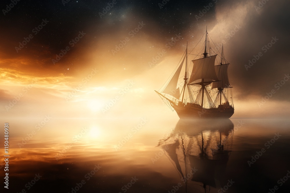 Fototapeta premium Majestic sailing ship gliding through calm waters under golden sunset sky near horizon