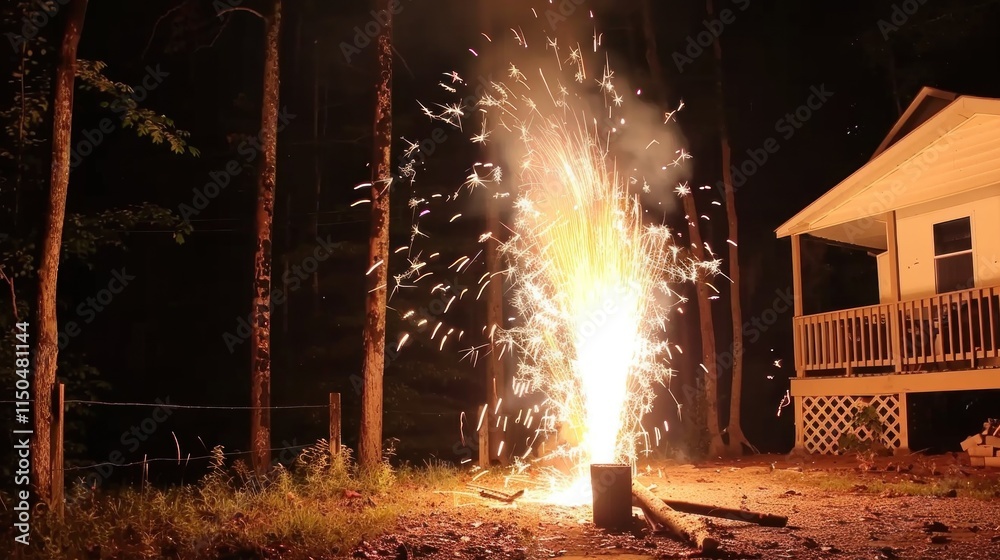 Obraz premium Bright fireworks illuminate the dark outdoor area beside the cabin, creating a festive atmosphere