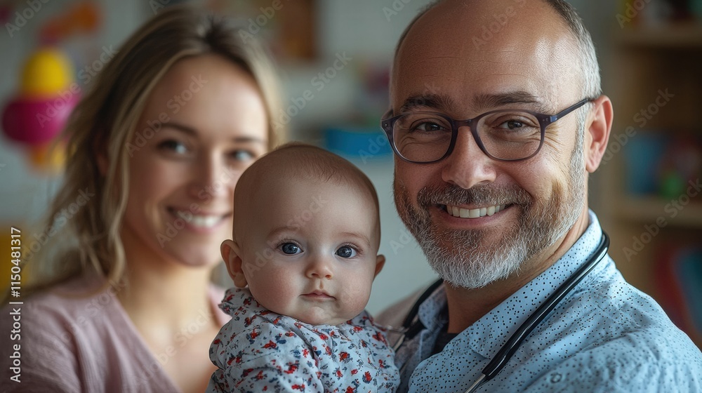 Happy Doctor with Baby and Parent in Bright, Cheerful Setting Happy Doctor with Baby and Parent in Bright, Cheerful Setting