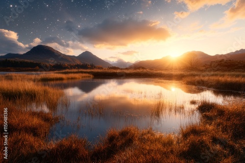 Sunset over calm lake with mountains reflecting in tranquil water and stars beginning to appear in the evening sky