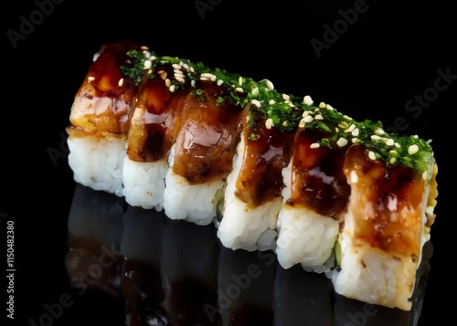 Unagi roll with eel and cucumber placed on a textured wooden surface, showcasing a high-quality detail of sushi, professional food photo, top-down view composition.