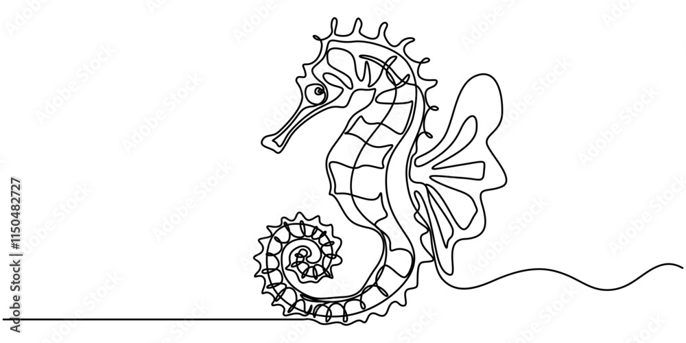 Obraz premium Seahorse swims underwater.Set of sea ocean elements.One continuous line .One continuous drawing line logo isolated minimal illustration, Continuous curve one line drawing of cute swimming seahorse.