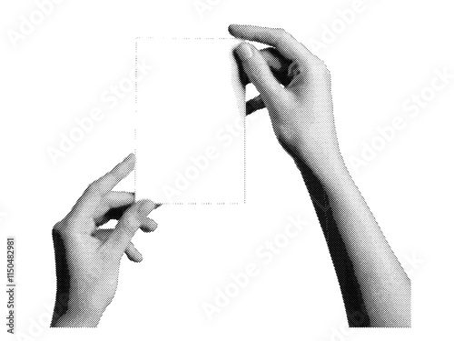 Hand holding blank card. Retro, vintage grayscale design with halftone and dotted texture, symbolizing greeting cards, vouchers, or tickets. Vector illustration isolated on white