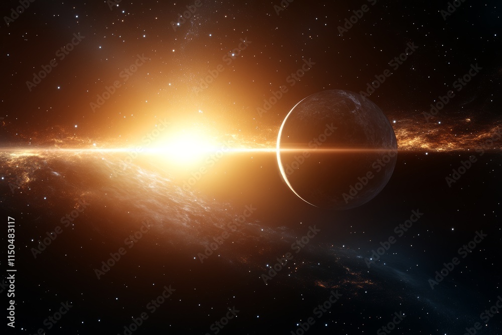 Naklejka premium Majestic view of a distant planet illuminated by a vibrant star in deep space