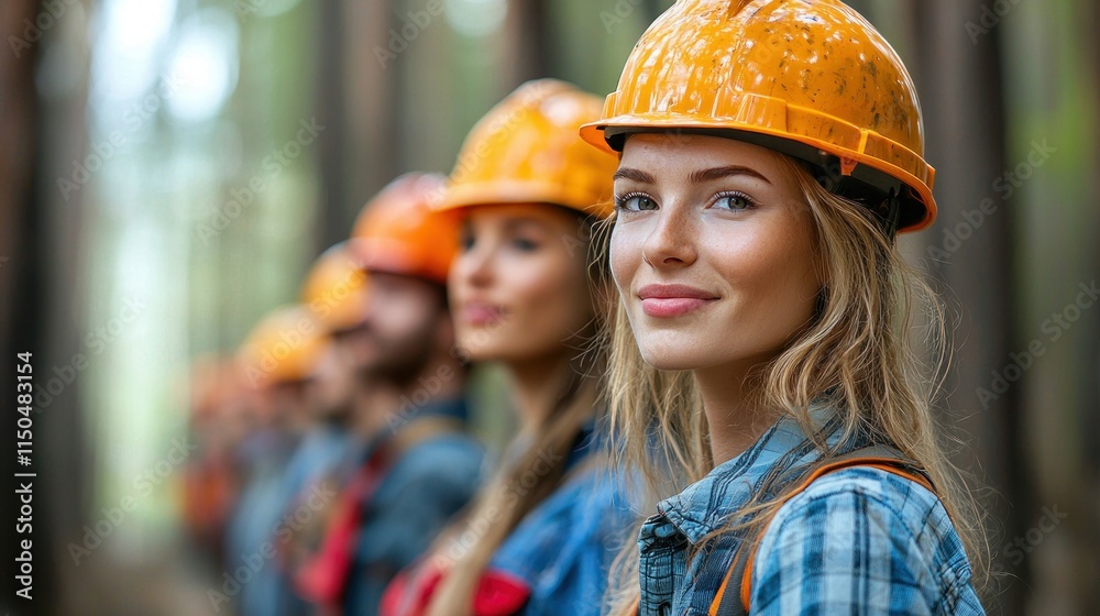 Group of forestry workers in helmets in a forest setting. Group of forestry workers in helmets in a forest setting.