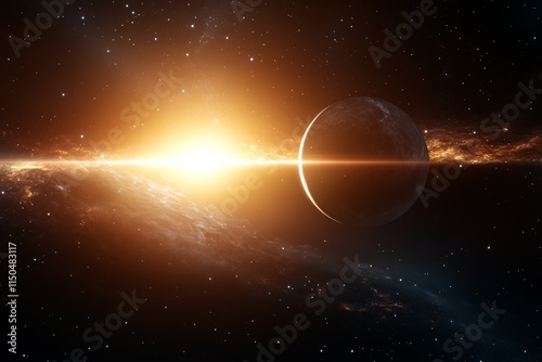 Majestic view of a distant planet illuminated by a vibrant star in deep space