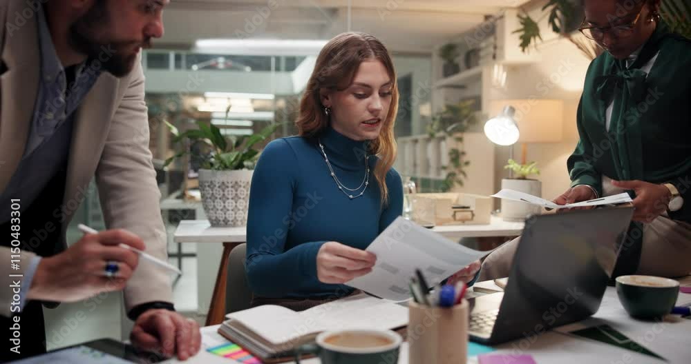 Business, laptop and people planning with documents for social media campaign or monitor industry trends. Digital marketing, creative strategy or SEO graphs for KPI metrics or data analysis at night