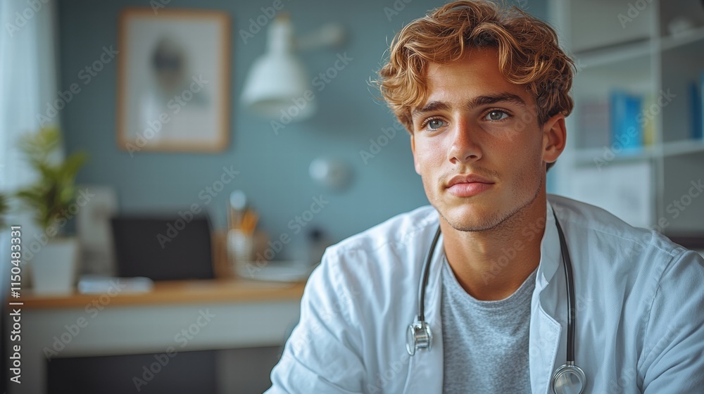 Young male doctor in office environment with thoughtful expression Young male doctor in office environment with thoughtful expression