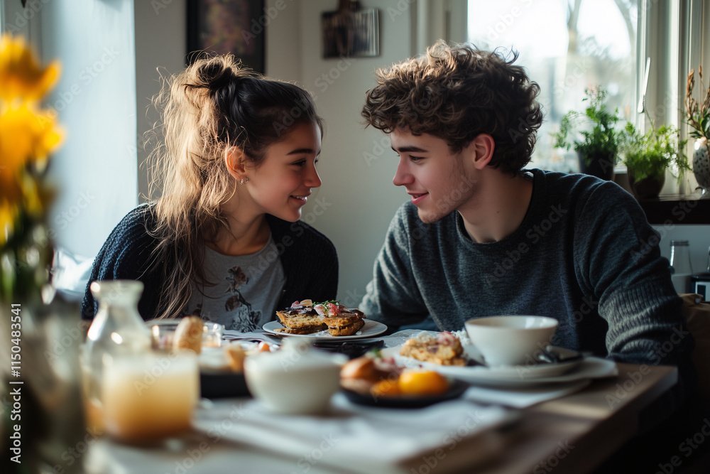 Young caucasian couple at indoors having breakfast Young caucasian couple at indoors having breakfast