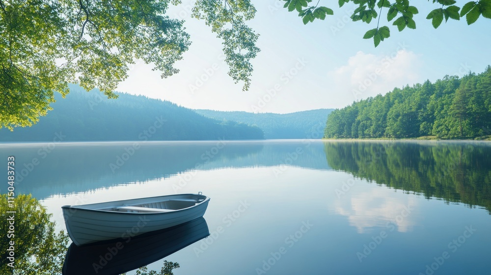 Serene lake landscape with a small white rowboat gently bobbing on calm, clear water, reflecting lush green trees and hills under a hazy sky. Serene lake landscape with a small white rowboat gently bobbing on calm, clear water, reflecting lush green trees and hills under a hazy sky.