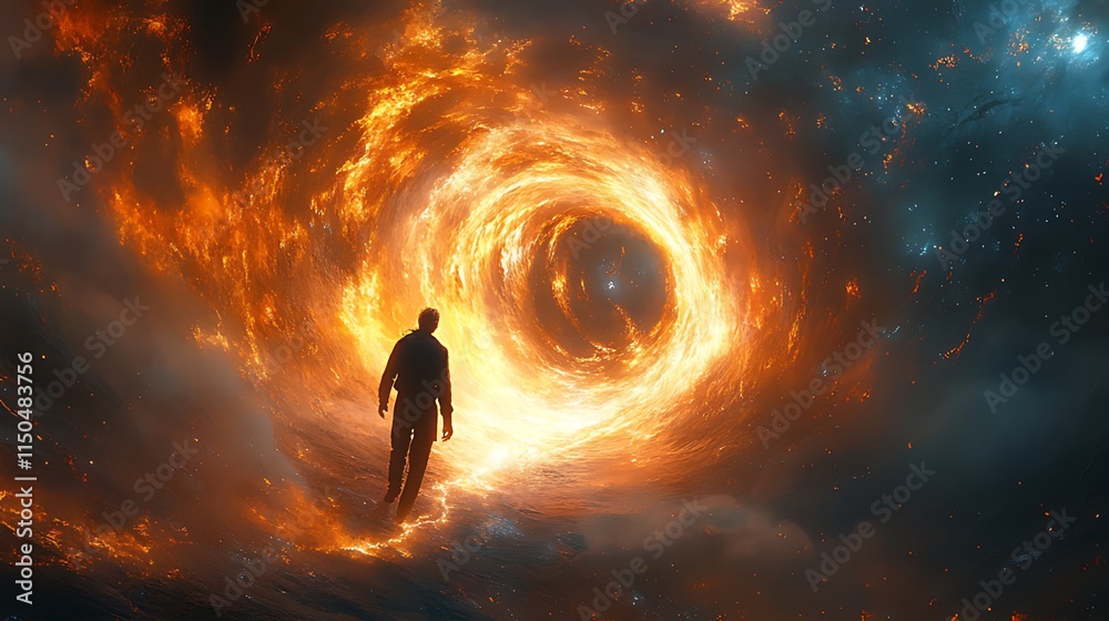 Fototapeta premium Silhouette of a man walking towards a fiery cosmic portal.