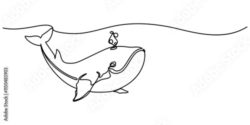 Continuous one line drawing of orca whale. One line of wild whale killer. Under ocean concept continuous line art. Editable outline, World Maritime Day. whale, continuous single line art hand drawing 