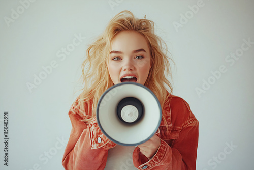 Young pretty blonde woman over isolated white backgroundholding a megaphone photo