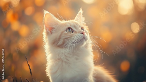 Cat is sitting on a branch and looking up at the sky. The cat is white and has a curious expression on its face. The scene is peaceful and serene, with the cat enjoying the view of the sky photo