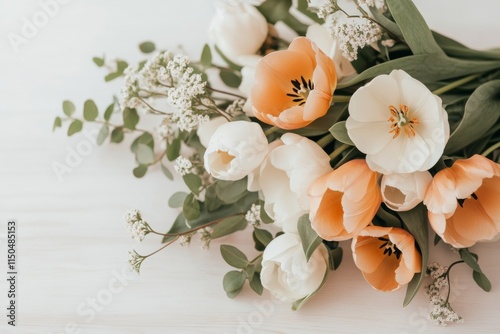 Brightly colored tulips and eucalyptus leaves arranged beautifully on a light wooden surface for a fresh spring look photo