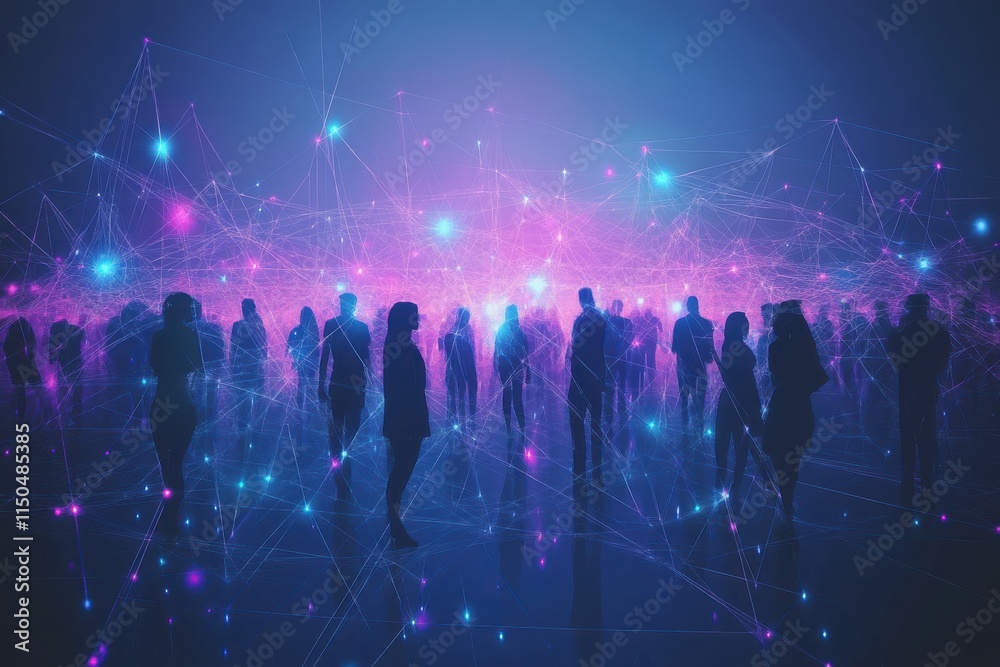 Fototapeta premium Digital Impressionist Artwork of People Connected by Glowing Neon Lines in Deep Blues and Purples, Creating a Gigapixel Visual Experience