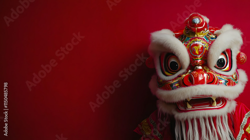 A traditional Chinese New Year lion head costume displayed against a bright red background. photo