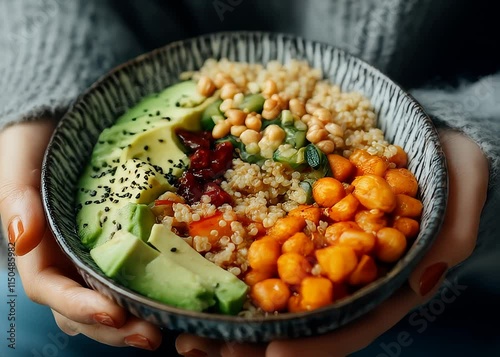 Vegan Buddha bowl featuring quinoa, avocado, and assorted vegetables, professionally captured from a high angle view, showcasing vibrant colors and textures.