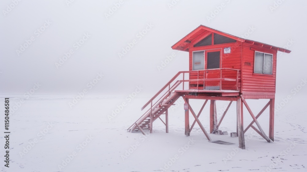 Solitary Red House on a Frozen Lake in Winter Fog Solitary Red House on a Frozen Lake in Winter Fog