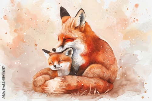 A mother fox is holding her baby fox