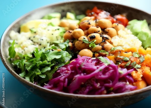 Vegan Buddha bowl featuring quinoa, avocado, and assorted vegetables, professionally captured from a high angle view, showcasing vibrant colors and textures. photo