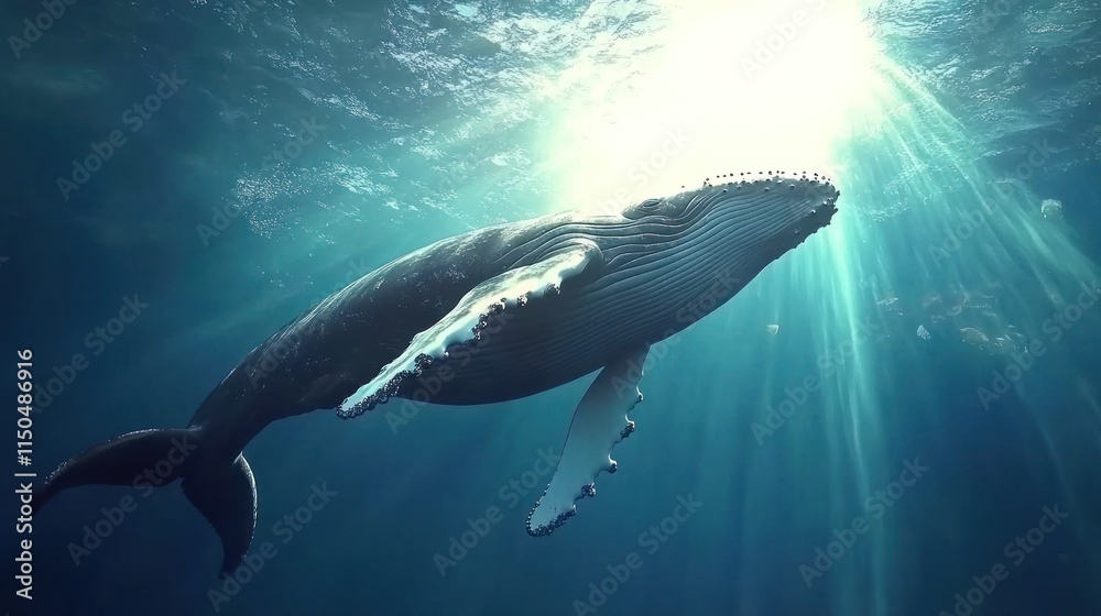 Majestic humpback whale gracefully swimming underwater, sunbeams illuminating its form. Majestic humpback whale gracefully swimming underwater, sunbeams illuminating its form.
