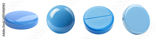 Collection of blue round tablets isolated on transparent or white background