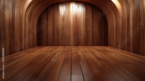 Wallpaper Mural A wooden interior space with curved walls and a polished floor, ideal for presentations or displays. Torontodigital.ca