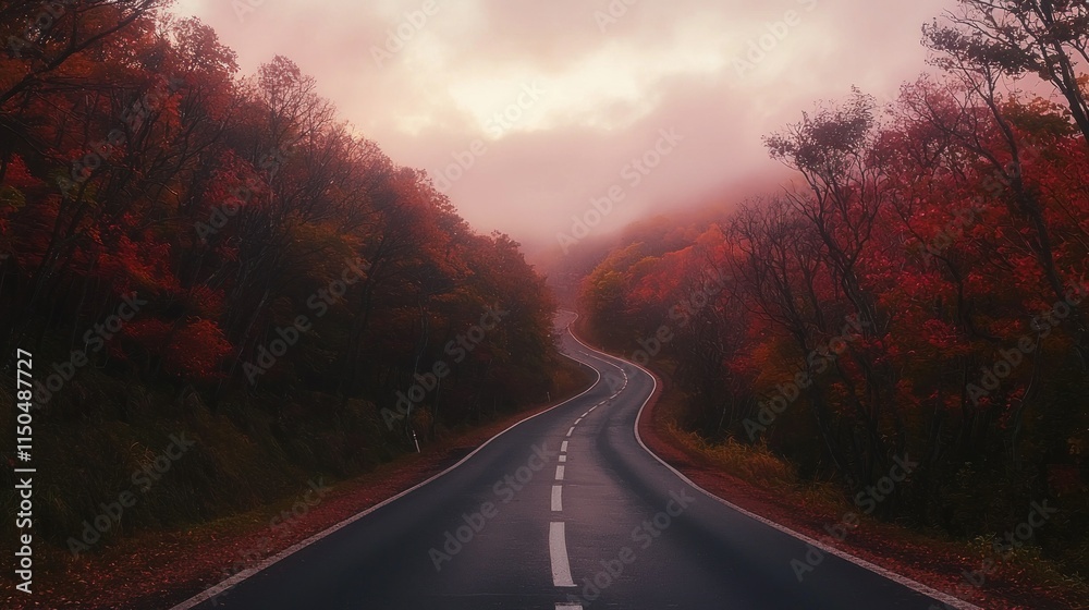 Serene winding road through autumn foliage and mist. Serene winding road through autumn foliage and mist.