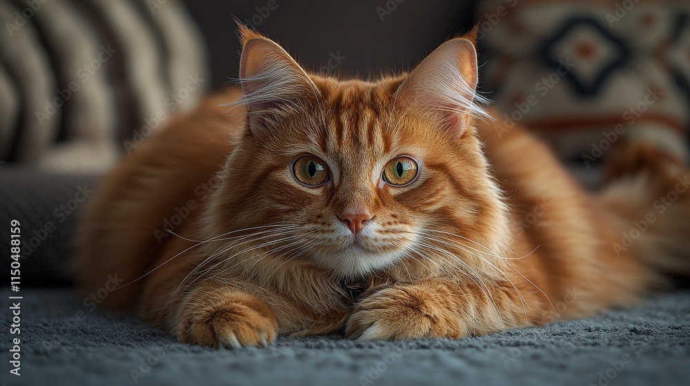 Obraz premium Adorable ginger cat relaxing indoors with curious gaze on comfortable soft surface