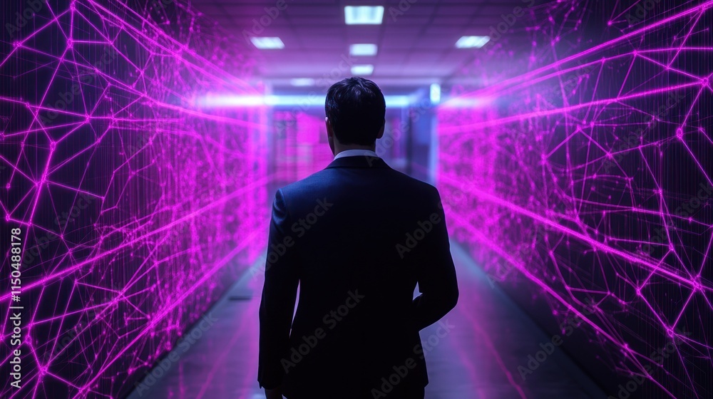 Businessman walking through a futuristic corridor with glowing pink network data visualization on the walls. Businessman walking through a futuristic corridor with glowing pink network data visualization on the walls.