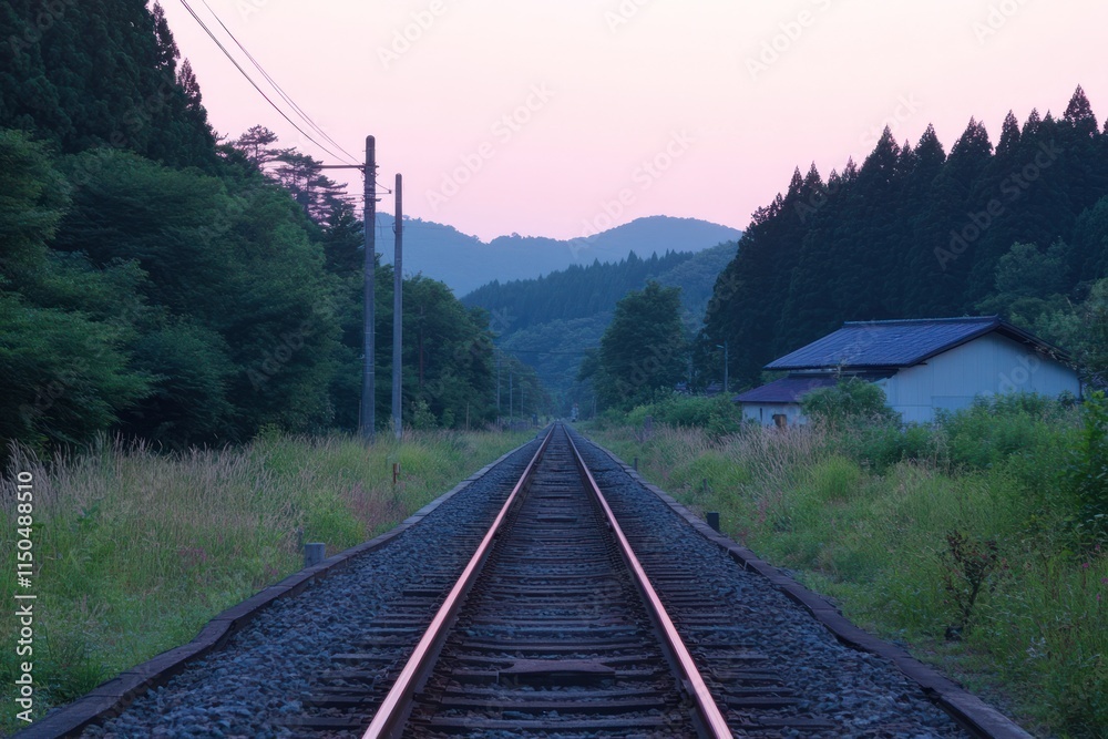 Fototapeta premium Tranquil Railway Track Winding Through Lush Green Mountains