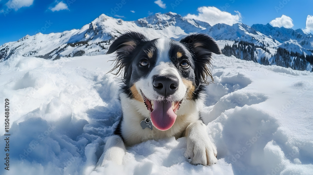 A lively Border Collie lying on a snowy hill its tongue out and eyes focused on the camera. A lively Border Collie lying on a snowy hill its tongue out and eyes focused on the camera.