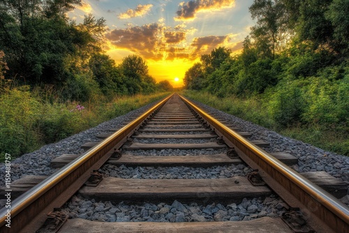 Sunset Railroad Tracks Leading Into Forested Area