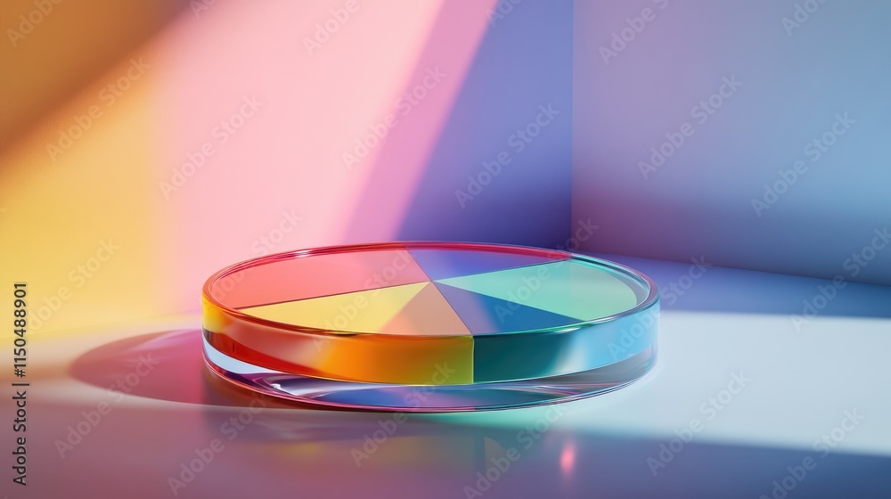 3D pie chart floating over a reflective glass base, vibrant tones 3D pie chart floating over a reflective glass base, vibrant tones