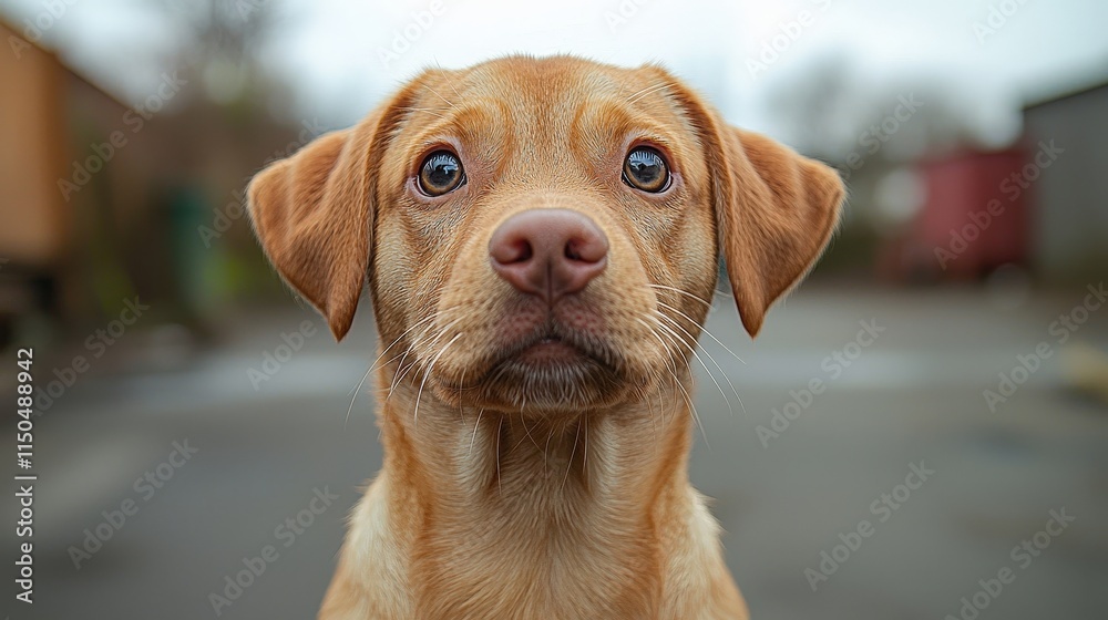 Cute labrador puppy with curious expression on a cloudy day