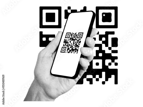 QR code scan. Abstract digital pattern displayed on a smartphone screen, held in hand for quick access, payment, or sharing. Vector illustration isolated on white background.