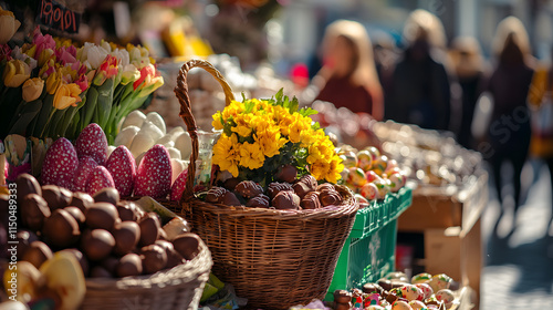 A vibrant outdoor market selling Easter decorations chocolates and fresh flowers in the spring sun.