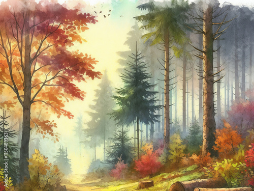 Colorful autumn forest with vibrant foliage and misty background at dawn