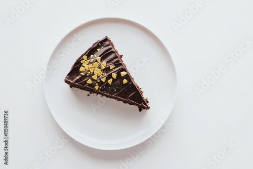 Chocolate cake slice garnished with golden nuts on a white plate