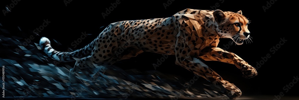 Cheetah in motion, dark background, dynamic pose.