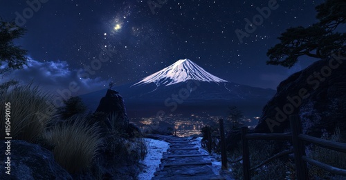 Nighttime View of Mount Fuji with Starry Sky photo