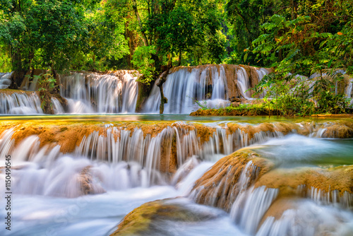 Luang Prabang, Laos. Kuang Si Waterfalls. Travel and tourism in Asia. Beautiful and largest park with cascades of waterfalls in Laos