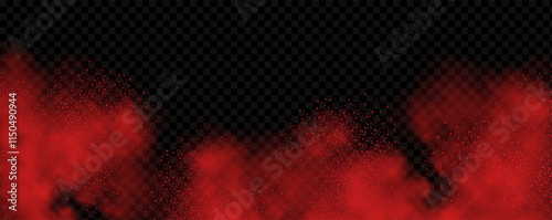 Spicy burst powder. Splashes of red pepper explosion. Overlay effect of chili or paprika spice splatters. Vector realistic illustration of hot, dried spices.